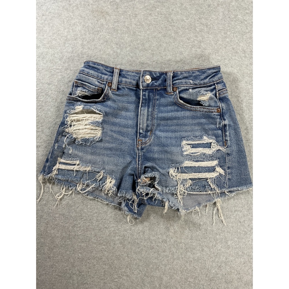 American Eagle Distressed Denim Shorts Blue High Waisted Frayed Hem Size 0 2439